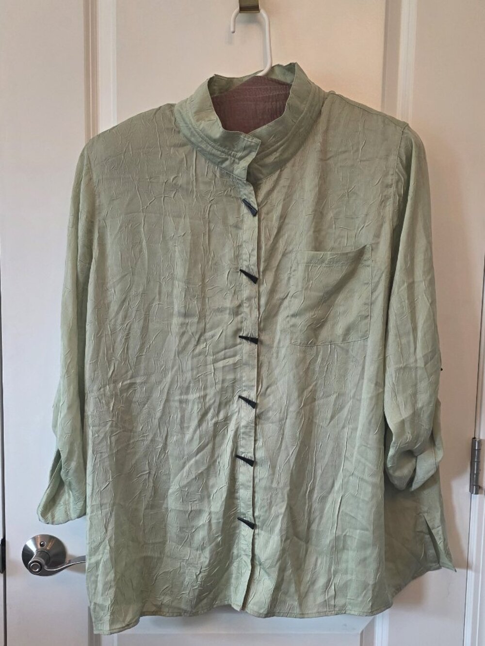 Ali Miles 3X crinkle shimmer 3/4 roll tab sleeve toggle button tunic olive NWT